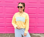 Jesus Fluffy Patch on yellow haze sweatshirt by Al + Gray Graphic Tees, featuring a detailed embroidered Jesus patch on the front.