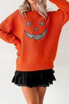 Orange Drop Shoulder Long Sleeve Round Neck Halloween Sweater