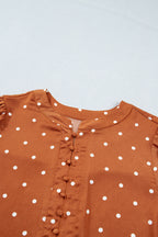 Brown Polka Dot Half Button V Neck Long Sleeve Blouse