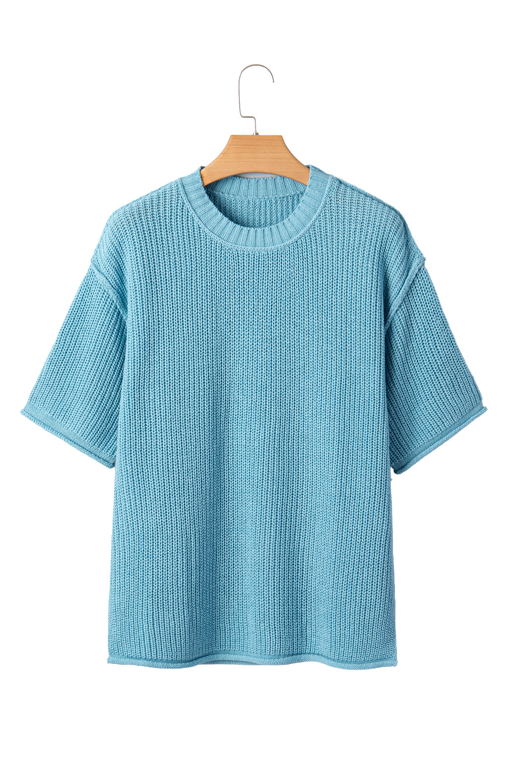Mist Blue Exposed Seam Detail Half Sleeve Loose Sweater