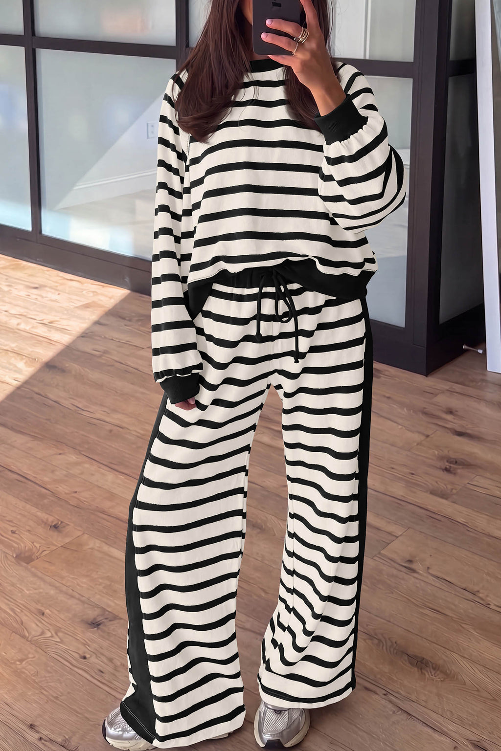 Stripe relaxed long sleeve top and color block drawstring pant set by Dear-Lover, featuring casual two-piece loungewear in soft fabric.