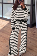 Stripe relaxed long sleeve top and color block drawstring pant set by Dear-Lover, featuring casual two-piece loungewear in soft fabric.