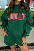 Dark Green Christmas Slogan Print Mock Neck Pullover and Shorts Set