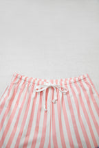 Smoke Green Striped Color Block Pullover Top Drawstring Shorts Set