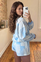 Sky Blue Patchwork Floral Print Drop Shoulder Baggy Pullover Drawstring Shorts Set