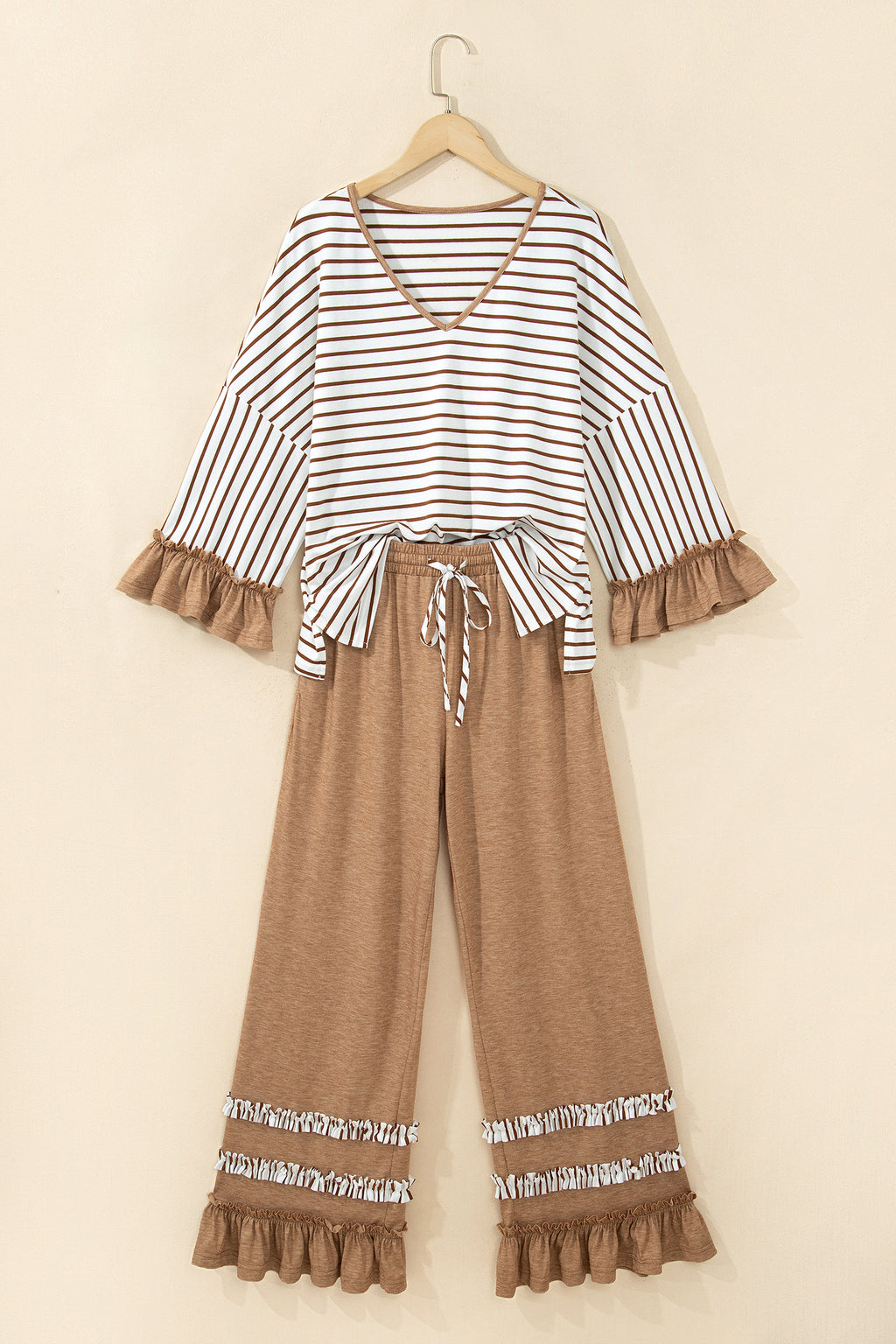 Gray Stripe V Neck Ruffle Contrast Sleeve Top Drawstring Pants 2pcs Set