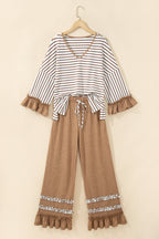 Gray Stripe V Neck Ruffle Contrast Sleeve Top Drawstring Pants 2pcs Set