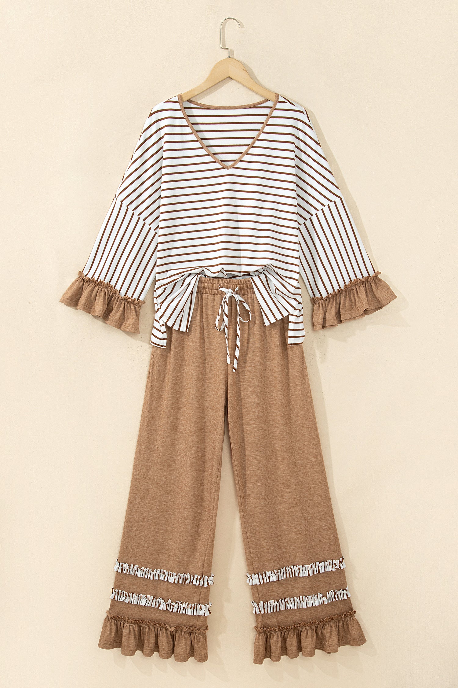 Gray Stripe V Neck Ruffle Contrast Sleeve Top Drawstring Pants 2pcs Set