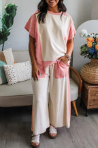 White Two-tone Color Block Patchwork Tee Drawstring Loose Pant Set