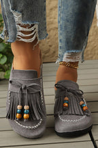 Color black Boho Bow Fringed Faux Suede Slip-on Loafers Square Toe Casual Slippers