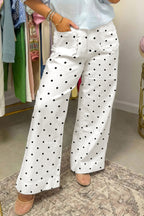 White Polka Dot Print Scalloped Patch Pocket Cotton Shift Pants