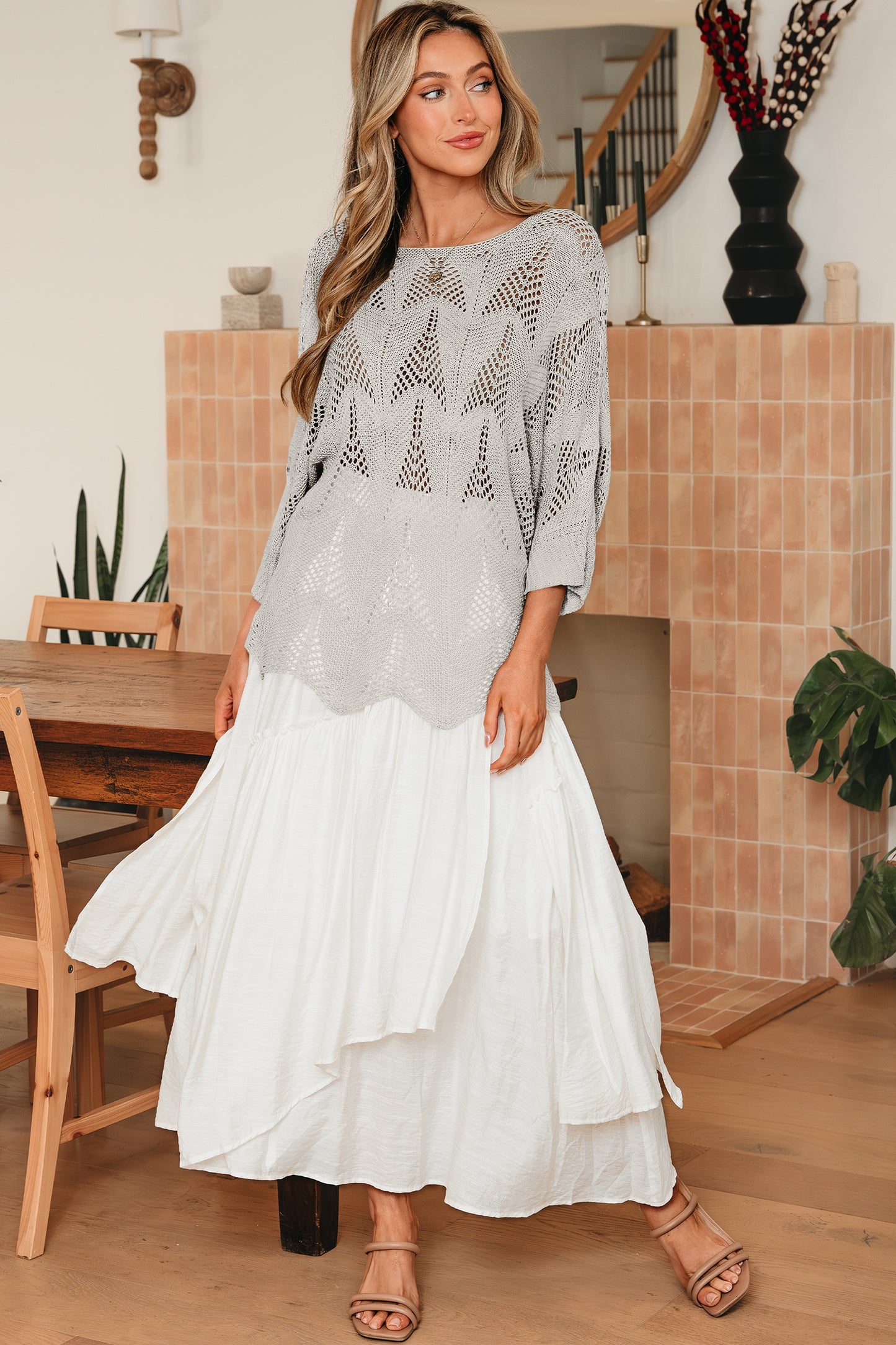 Hollow Out Knit 7/8 Sleeve Casual Sweater