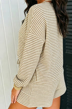 Brown Stripe Textured Knit Long Sleeve Top Elastic Waist Shorts Casual Outfit