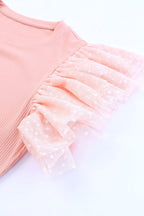 White Dotty Mesh Ruffle Sleeve Ribbed Knit Top