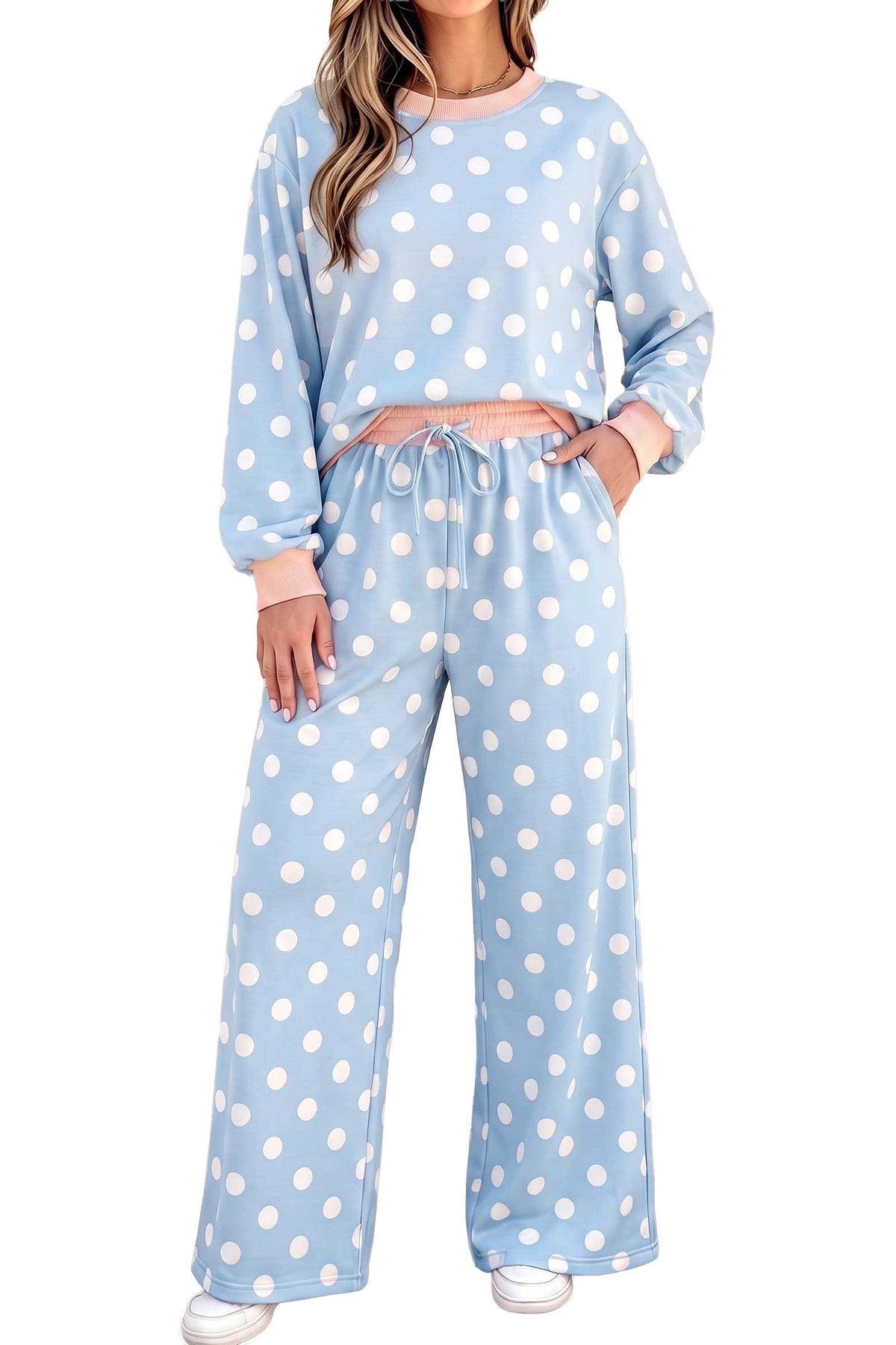 Pink polka dot long sleeve top and drawstring shift pants set by Dear-Lover with contrast trim, stylish two-piece outfit.