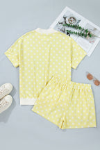 Yellow Polka Dot Print Color Block Trim Mock Neck Short Set