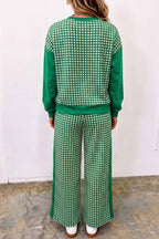 Green Color Block Plaid Patchwork Long Sleeve Pullover Wide Leg Pant Set