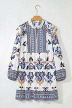 Sky Blue Plus Size Boho Print Split Neck Long Sleeve Mini Dress