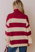 Red Stripe Ribbed Trim High Neck Relaxed Pullover Sweater