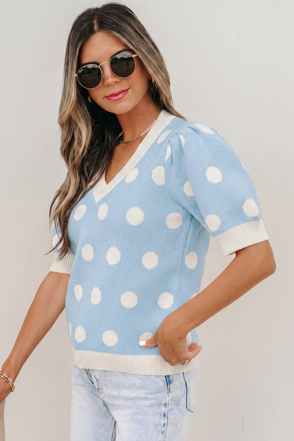 Rose Red Polka Dot Puff Short Sleeve Sweater Top