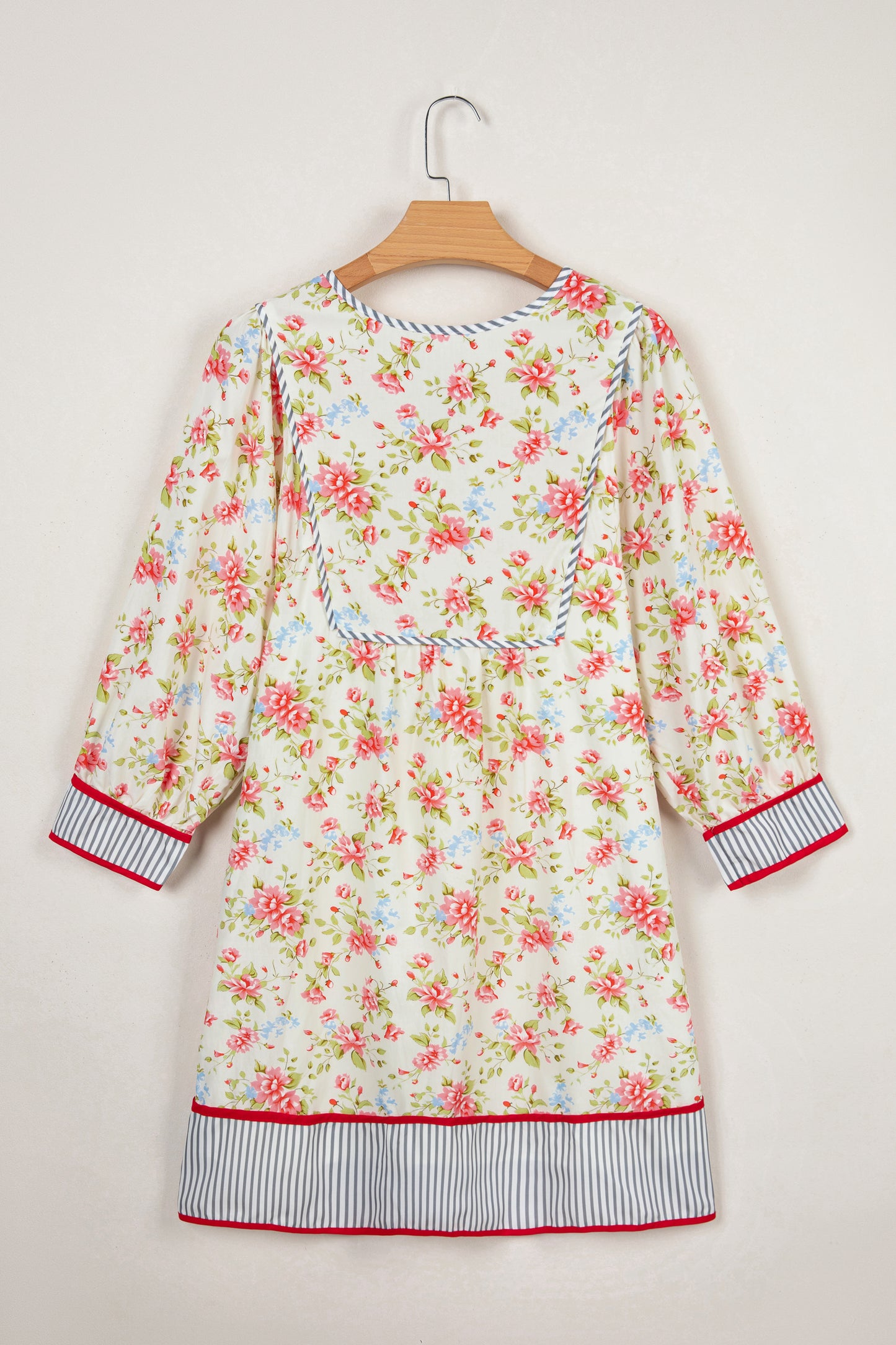 Apricot Striped Edge 3/4 Puff Sleeve Floral Dress