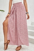 Black Bohemian Print Slit Wide Leg Smocked High Waist Pants