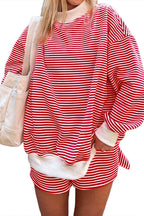 Red Stripe Oversize Mock Neck Sweatshirt and Shorts Set
