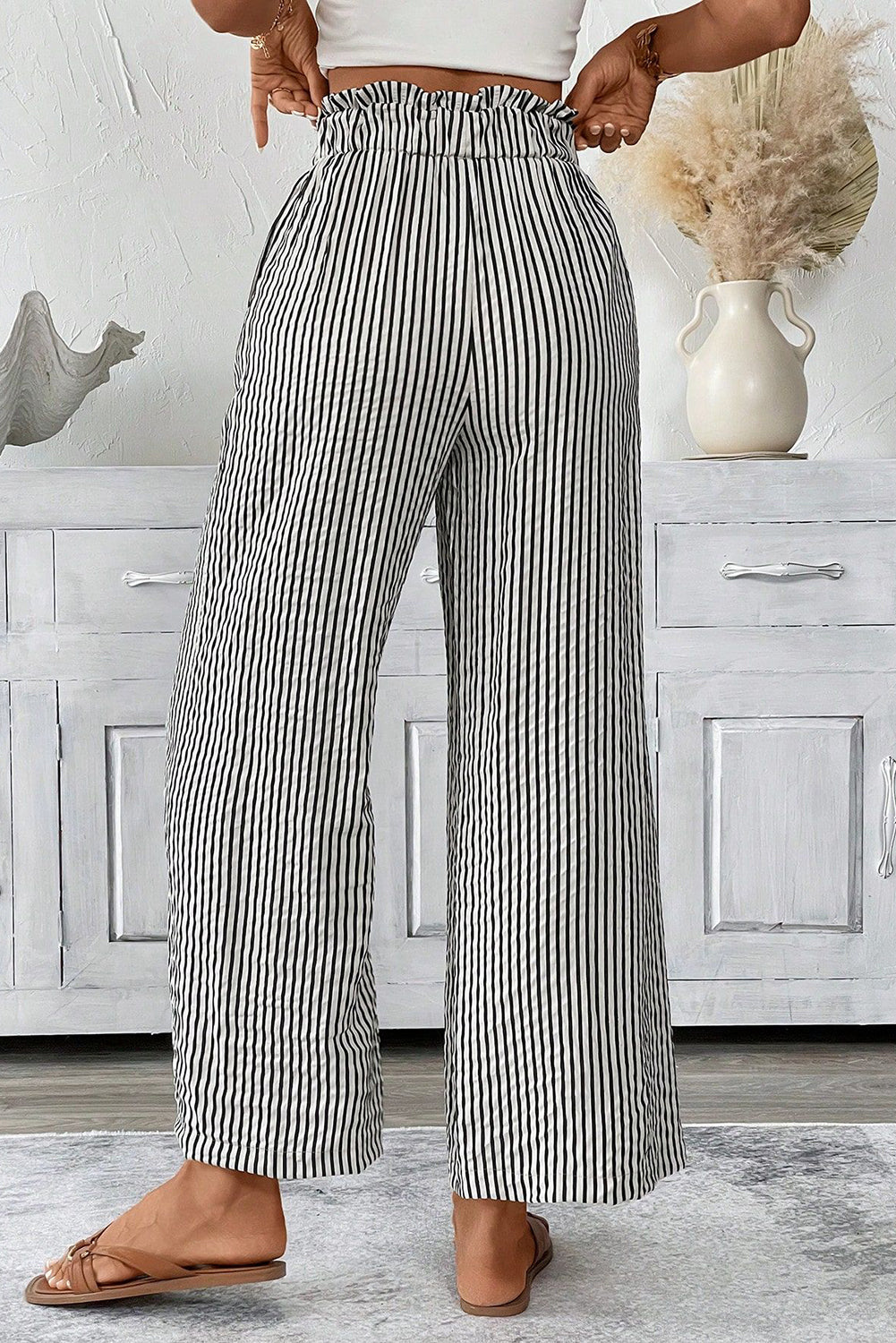 Black Stripe Tied High Waist Loose Straight Casual Pants