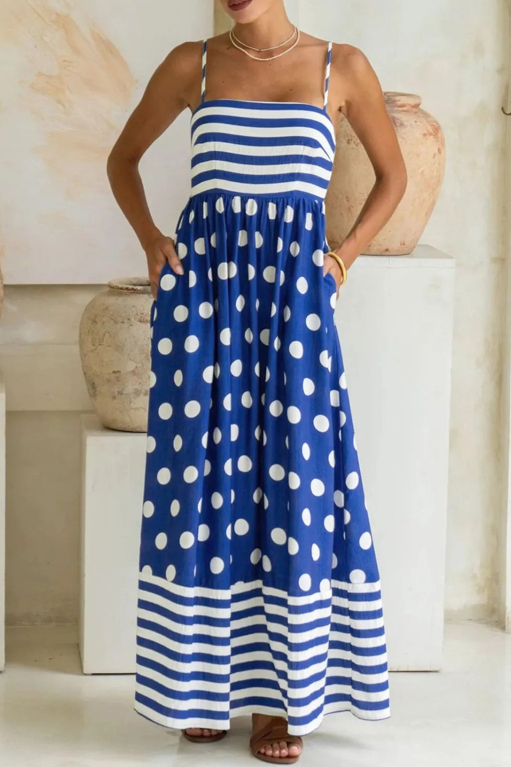 Blue Striped Polka Dot Patchwork High Waist Spaghetti Straps Maxi Dress