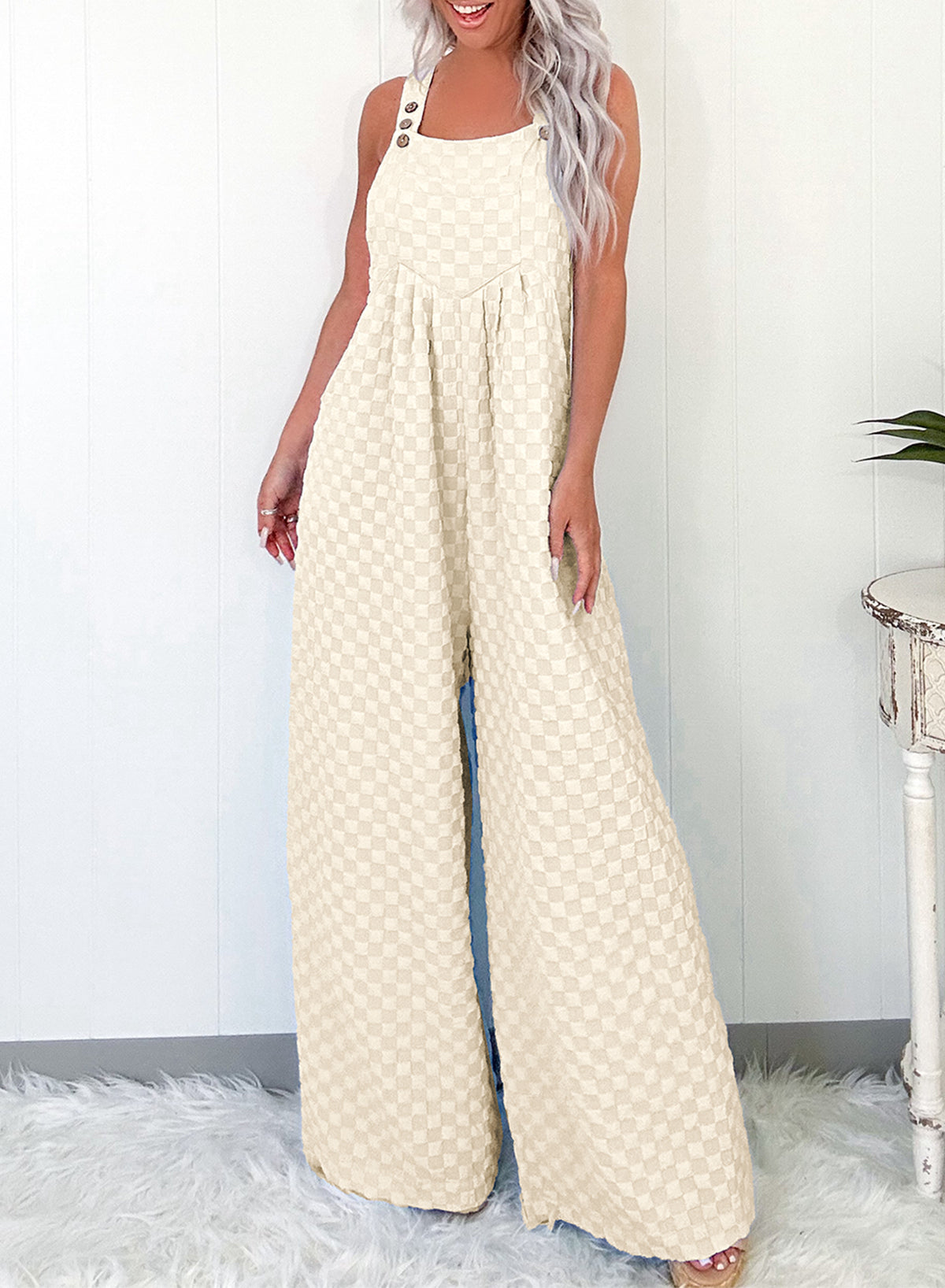 Checkered Pocketed High Waist Wide Leg Overall