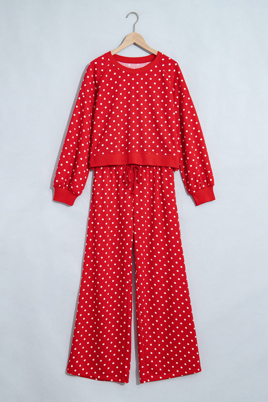 Polka dot drawstring wide-leg long sleeve top and pant set by Dear-Lover, stylish two-piece outfit with comfortable fit.