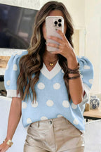 Rose Red Polka Dot Puff Short Sleeve Sweater Top