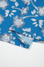 Blue Floral Print Button Tie Neck Striped Detail Short Sleeve Blouse