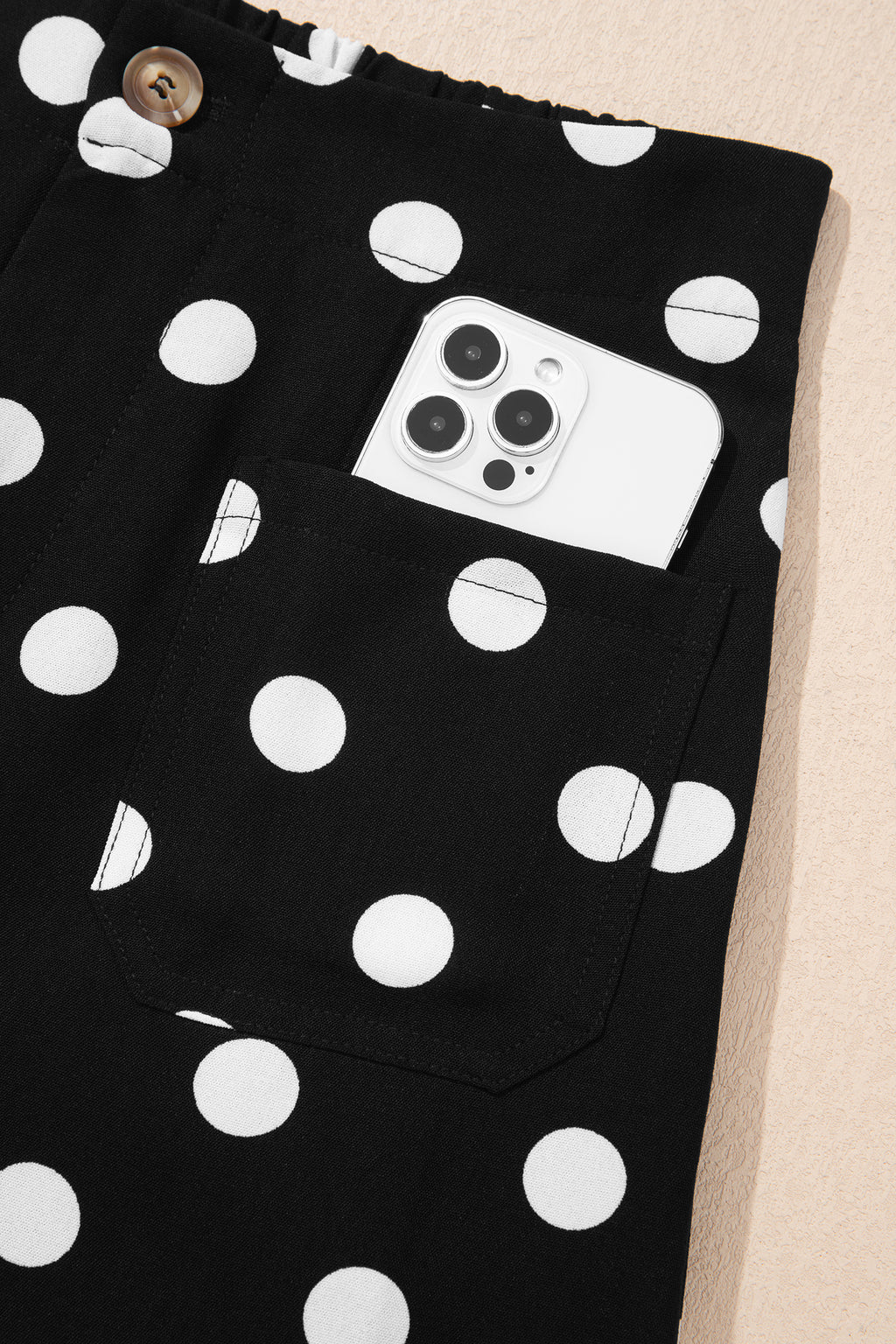 Black polka dot print patched pocket mid-rise straight leg pants by Dear-Lover, featuring a stylish, casual design with a comfortable fit.