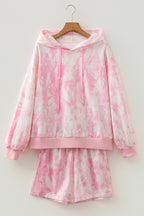 Pink Abstract Print Loose Hoodie Slim Shorts 2pcs Set