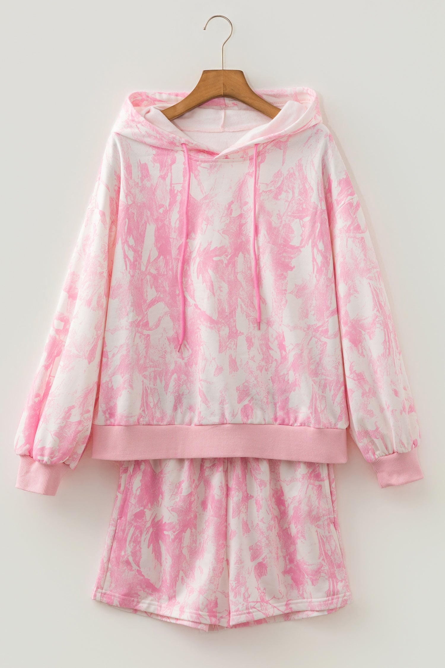 Pink Abstract Print Loose Hoodie Slim Shorts 2pcs Set