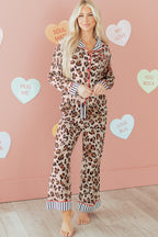 Khaki Leopard Print Colorblock Striped Edge Shirt and Pants Pajama Set