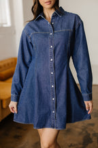 Ashleigh Blue Denim Shirt Collar Long Sleeve Flared Mini Dress