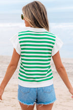 Black Stripe Collar V Neck Ruffled Short Sleeve Blouse