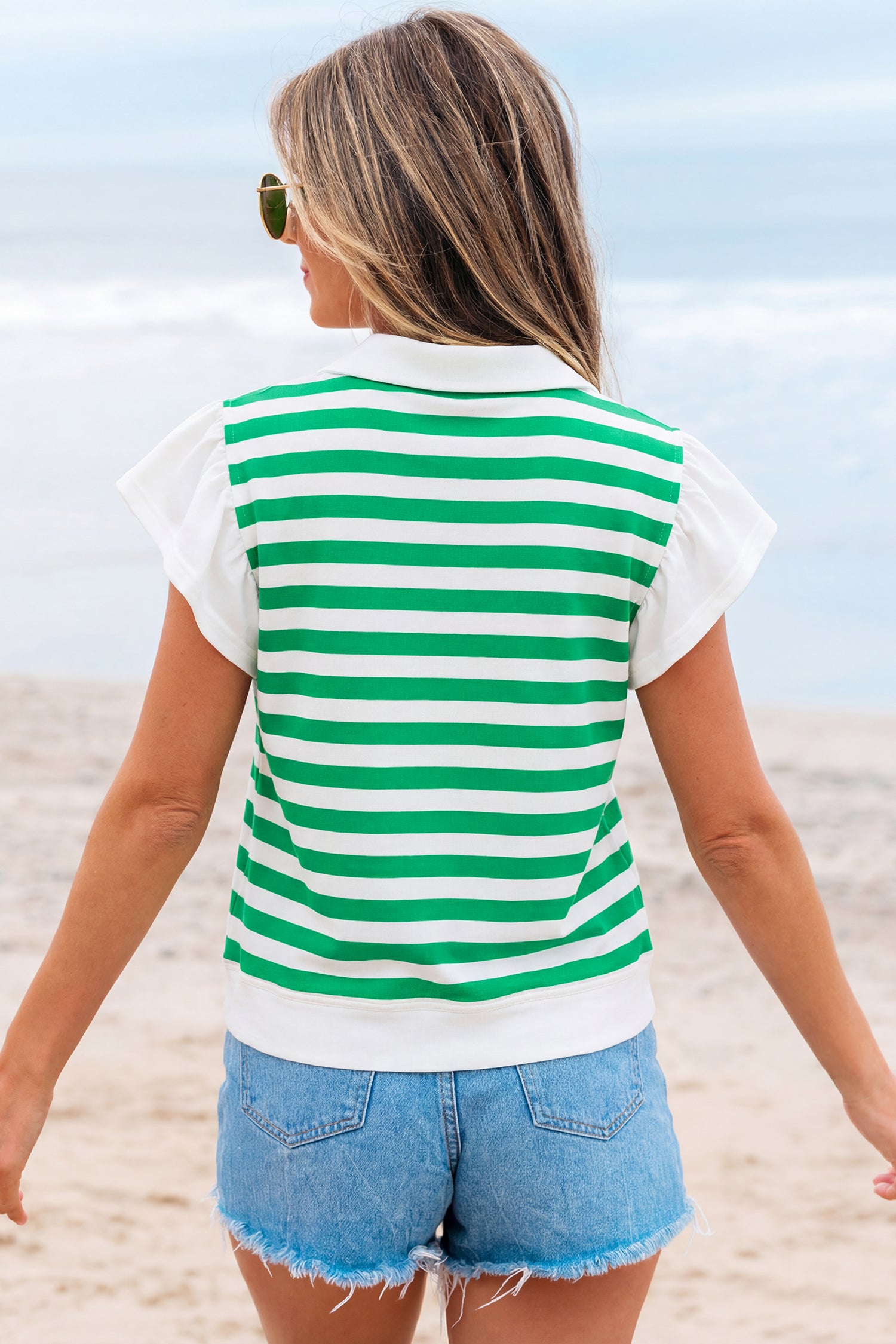 Black Stripe Collar V Neck Ruffled Short Sleeve Blouse