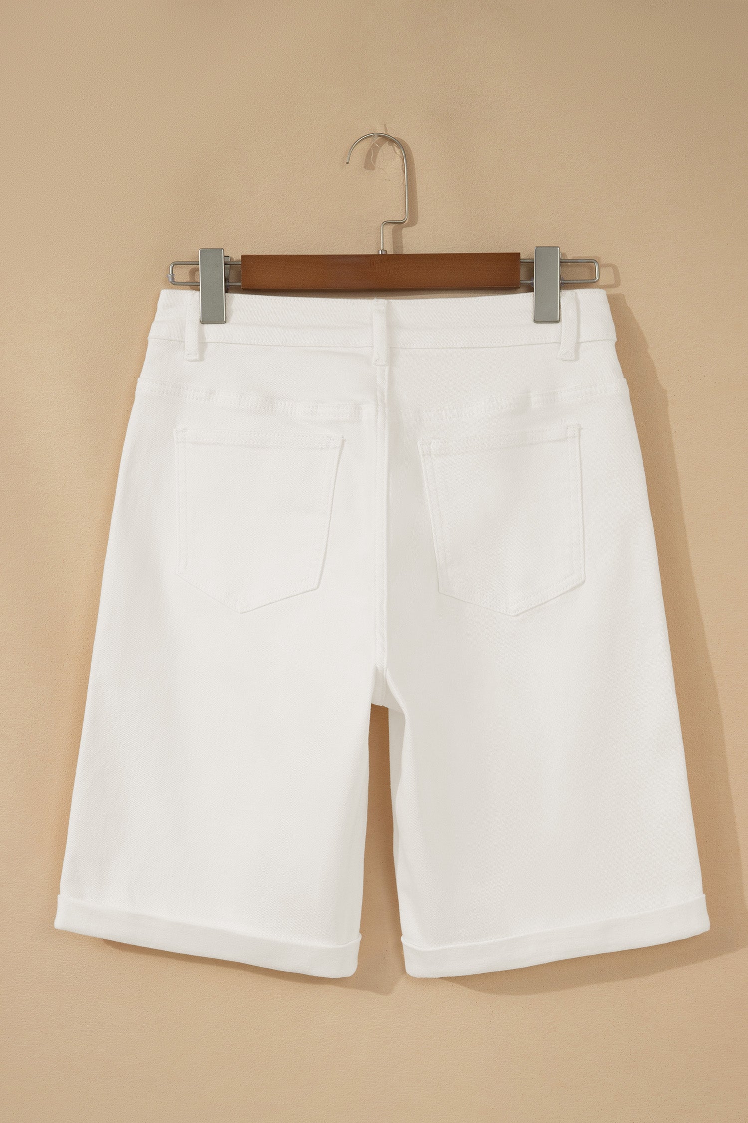 White Solid Color Rolled Cuffs Denim Bermuda Shorts
