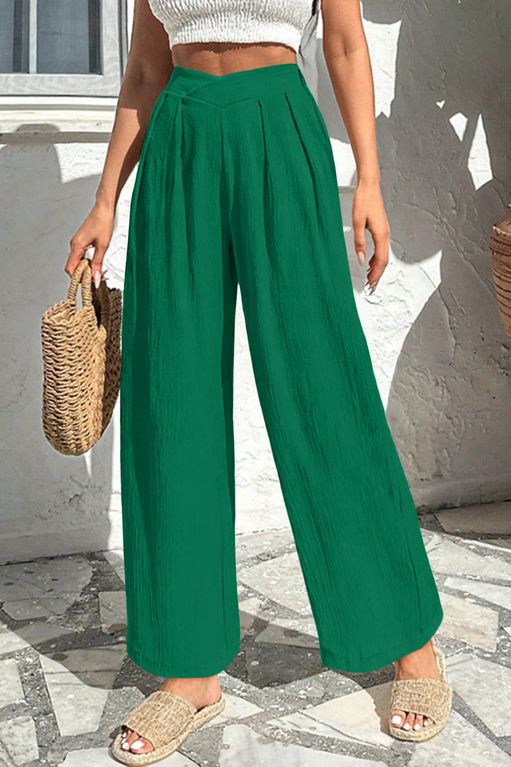 Color black Solid Color Textured Crossed Waist Loose Pants