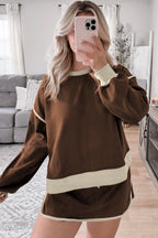 Rose Red Color Contrast Loose Pullover and Lace-up Waist Skort Set