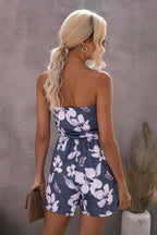Gray Bandeau Floral Print Romper with Pockets