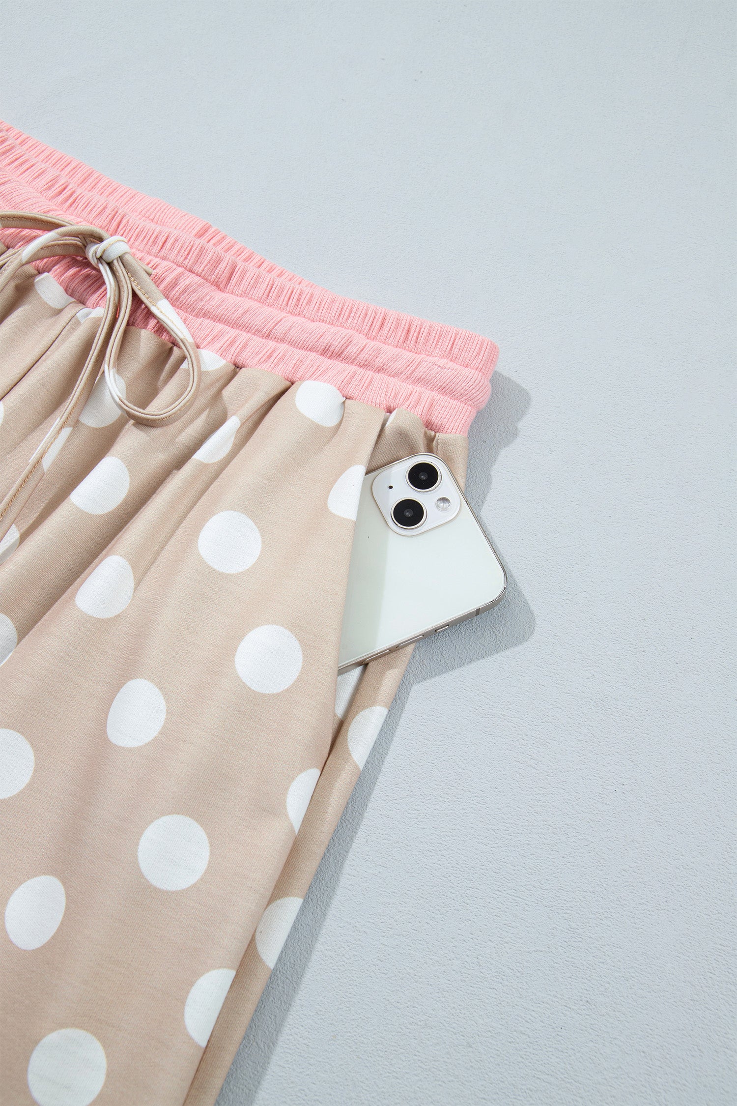 Khaki Polka Dot Contrast Trim Long Sleeve Top Drawstring Shift Pants Set