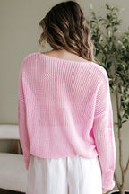Light Pink Big Flower Hollowed Knit Drop Shoulder Sweater