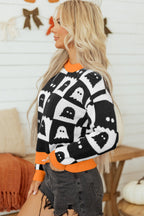 Black High Neck Drop Shoulder Geometric Print Sweater