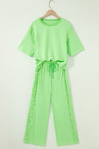 Lace Patchwork Half Sleeve Top Elastic Waist Pants Two Piece Set