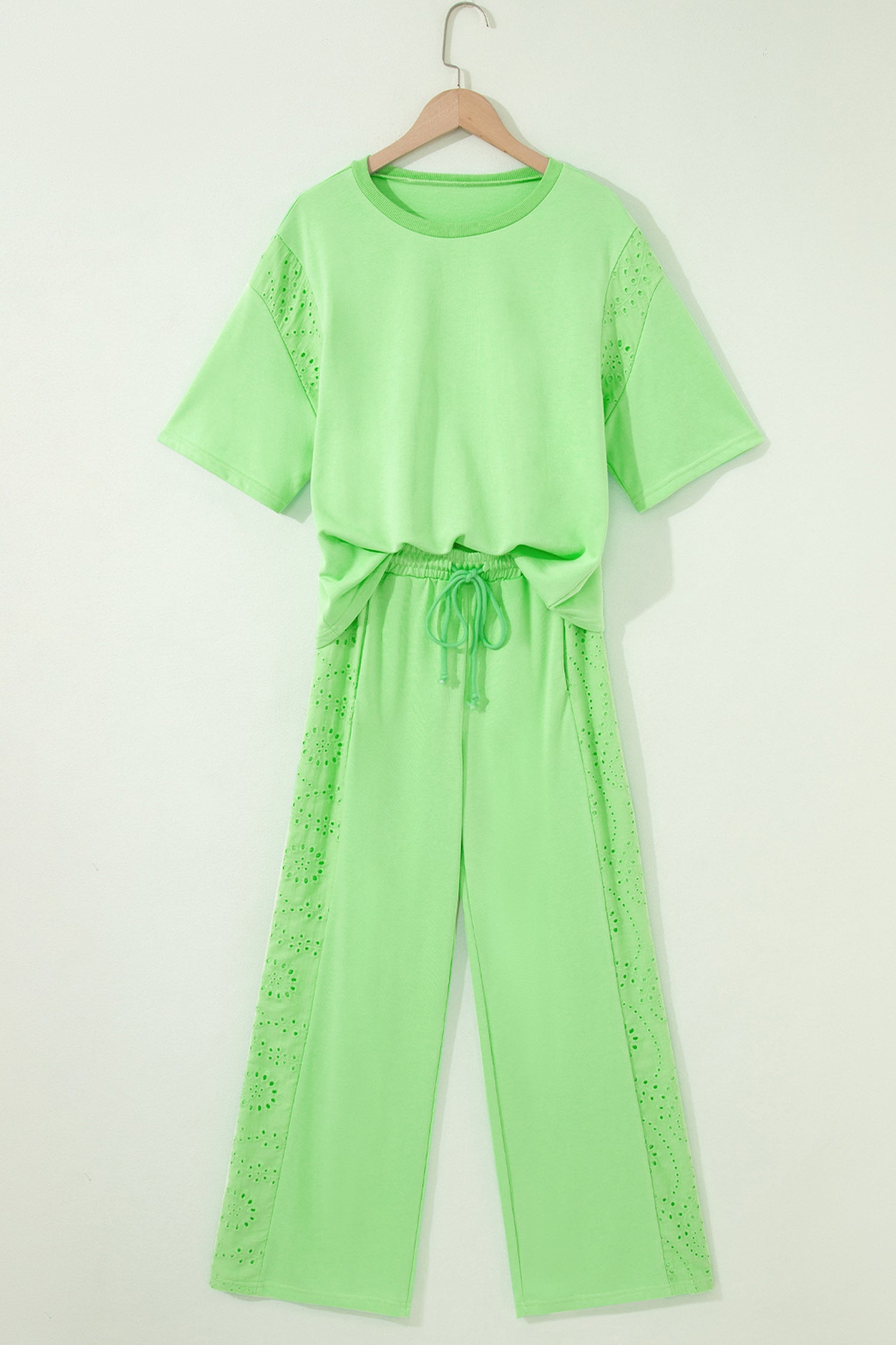 Lace Patchwork Half Sleeve Top Elastic Waist Pants Two Piece Set