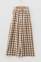 Brown gingham plaid tie elastic waist shift pants from Dear-Lover, showcasing the stylish pattern and comfortable fit.
